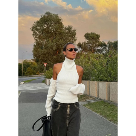 Women's Turtleneck Gray Backless Vest Cape Knitted Sweater Warm Knitwears Sleeveless Vests Slim Pulls Top Pull Fall Clothing New