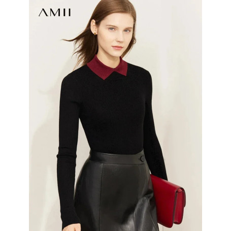 AMII Minimalist Color Contrast Sweater for Women 2024 Autumn Turn Down Collar Niche Slim Fit Knit Tops Warm Sweaters 12323149