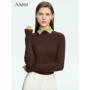 AMII Minimalist Color Contrast Sweater for Women 2024 Autumn Turn Down Collar Niche Slim Fit Knit Tops Warm Sweaters 12323149