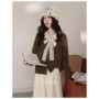 ALXNAN Plus Size Knit Cardigan 2026 Spring New Wool Blend Brown Women's Sweater Faux Two-piece Warm Fashion Tops Female D662257