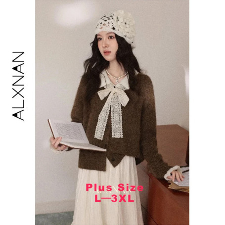 ALXNAN Plus Size Knit Cardigan 2026 Spring New Wool Blend Brown Women's Sweater Faux Two-piece Warm Fashion Tops Female D662257