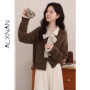 ALXNAN Plus Size Knit Cardigan 2026 Spring New Wool Blend Brown Women's Sweater Faux Two-piece Warm Fashion Tops Female D662257