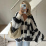 TARUXY Fashion Striped Sweater Cardigan With Scarf Female Loose Thin Hollow Knitted Top Lantern Sleeve Contrast Color Retro Top