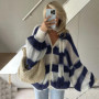 TARUXY Fashion Striped Sweater Cardigan With Scarf Female Loose Thin Hollow Knitted Top Lantern Sleeve Contrast Color Retro Top