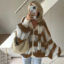 TARUXY Fashion Striped Sweater Cardigan With Scarf Female Loose Thin Hollow Knitted Top Lantern Sleeve Contrast Color Retro Top