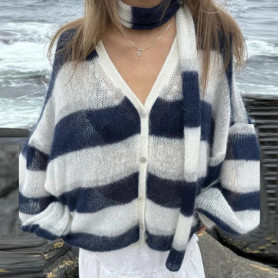 TARUXY Fashion Striped Sweater Cardigan With Scarf Female Loose Thin Hollow Knitted Top Lantern Sleeve Contrast Color Retro Top