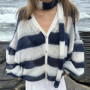 TARUXY Fashion Striped Sweater Cardigan With Scarf Female Loose Thin Hollow Knitted Top Lantern Sleeve Contrast Color Retro Top