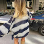TARUXY Fashion Striped Sweater Cardigan With Scarf Female Loose Thin Hollow Knitted Top Lantern Sleeve Contrast Color Retro Top