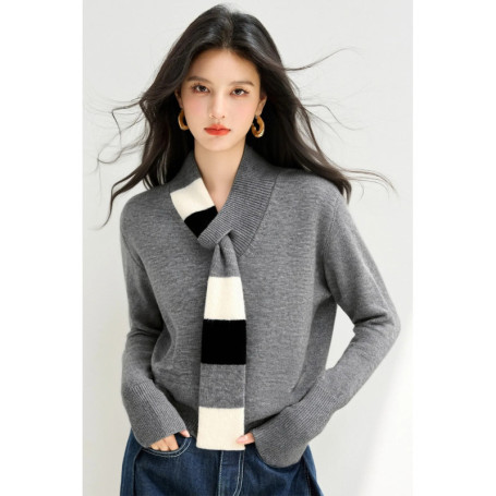 Loose And Slimming Long-Sleeved Sweater Top With A Contrasting Color Scarf Collar For The Winter Of 2025