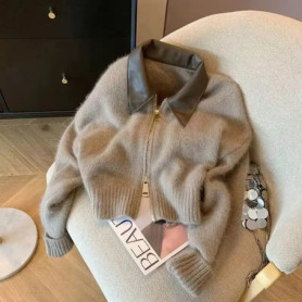 New Autumn Winter New knitted Cardigan Sweater Women Fashion Long-Sleeved Short Splicing leather Collar zipper Female Sweater
