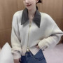 New Autumn Winter New knitted Cardigan Sweater Women Fashion Long-Sleeved Short Splicing leather Collar zipper Female Sweater
