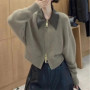 New Autumn Winter New knitted Cardigan Sweater Women Fashion Long-Sleeved Short Splicing leather Collar zipper Female Sweater