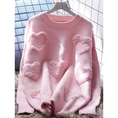 Lazy Style Pullovers Long Sleeve Solid Color Heart Flocking Autumn Winter Sweaters Loose Design All Match Women Clothing 2024
