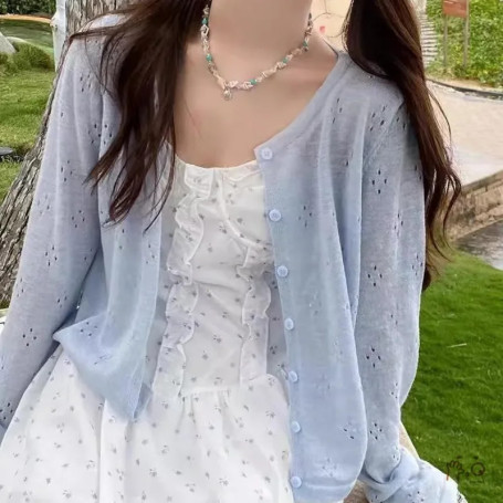 Round Neck Ice Silk Knitted Sun Protection Cardigan Women Summer Thin Suspender Skirt Small Outer Shawl Hollow Solid Sweater