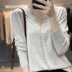 WinvyNee Summer Women's Clothing Wool V Neck Solid Lace Cardigan Spring Basic Elegant Soft Knitted Coats Top Outwear ZA1047008