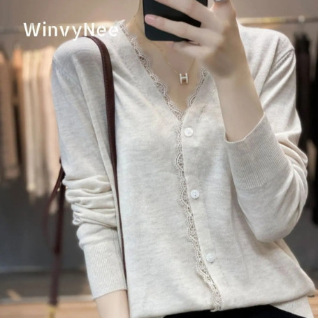 WinvyNee Summer Women's Clothing Wool V Neck Solid Lace Cardigan Spring Basic Elegant Soft Knitted Coats Top Outwear ZA1047008