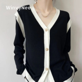 WinvyNee Women's Spring Wool V Neck Long Sleeve Cardigan Striped Elegant Luxury Golden Button Chic Knitted Outwear ZB1047004