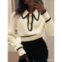 Chic Lapel Long Sleeve Sweater Women 2025 Stripes Elegant Short Knitted Pullover Female Casual Office Warm Soft Tops Clothes