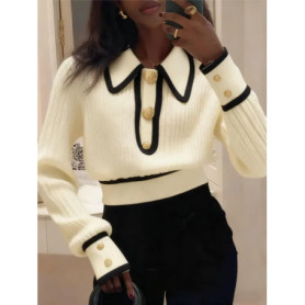 Chic Lapel Long Sleeve Sweater Women 2025 Stripes Elegant Short Knitted Pullover Female Casual Office Warm Soft Tops Clothes
