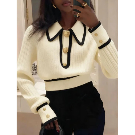 Chic Lapel Long Sleeve Sweater Women 2025 Stripes Elegant Short Knitted Pullover Female Casual Office Warm Soft Tops Clothes