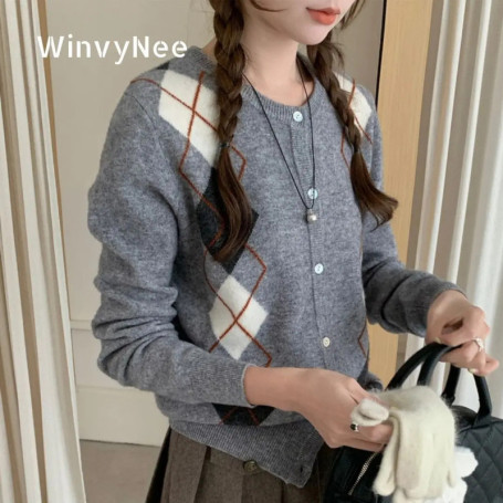 WinvyNee Women's Merino Wool Cardigans Long Sleeve Sweaters O Neck Argyle British Casual Knitted Winter Cropped Coats B1523040