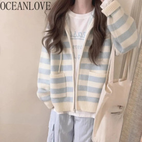 OCEANLOVE Cardigans Stripes Autumn Winter Japanese Style Kawaii Women Sweaters Fashion Zipper Hooded Vintage Sueter Mujer
