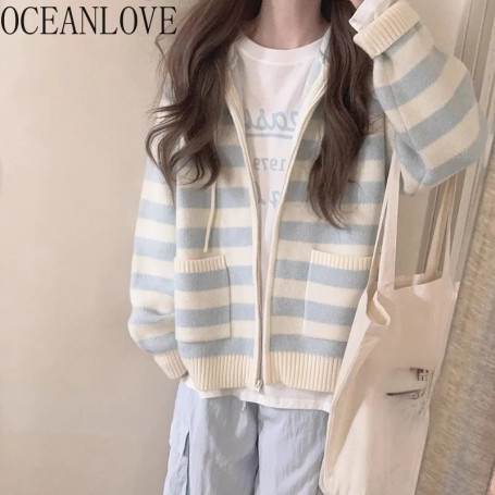 OCEANLOVE Cardigans Stripes Autumn Winter Japanese Style Kawaii Women Sweaters Fashion Zipper Hooded Vintage Sueter Mujer