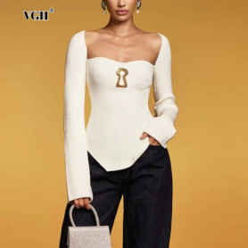 VGH Solid Versatile Spliced Metal Knitted Top for Women Square Neck Long Sleeves Slim Asymmetric Hem Temperament Sweater Female