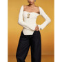 VGH Solid Versatile Spliced Metal Knitted Top for Women Square Neck Long Sleeves Slim Asymmetric Hem Temperament Sweater Female