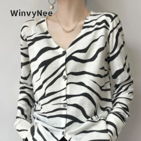 WinvyNee Women's Spring Wool V Neck Long Sleeve Knit Cardigan Zebra Stripe Pattern Elegant Soft Stylish Coats Outwear ZA1047002