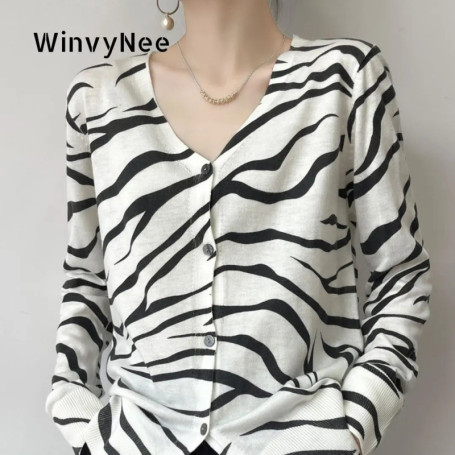 WinvyNee Women's Spring Wool V Neck Long Sleeve Knit Cardigan Zebra Stripe Pattern Elegant Soft Stylish Coats Outwear ZA1047002