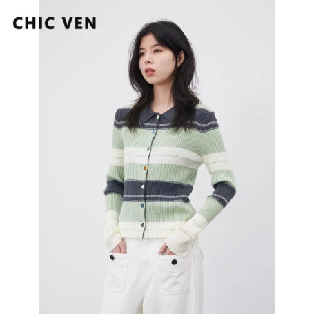 CHIC VEN Korean Women Cardigan Long Sleeve Lapel New Slim Contrasting Color Striped Female Knitted Sweater Spring Summer 2026