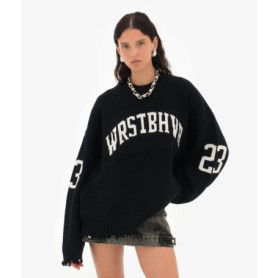 Letter Jacquard Knit Pullover Women Oversize Chic Long Sleeve O-Neck Classic Sweater Autumn Casual Lady Outerwear