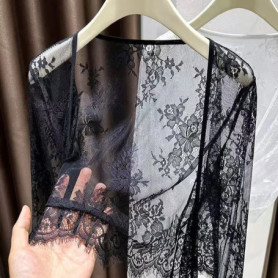 Women Crochet Lace Cardigan Summer Floral Embroidery Sheer Mesh Retro Beach Cover Up Hollow Out Sweet Casual Shrug