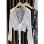 Women Crochet Lace Cardigan Summer Floral Embroidery Sheer Mesh Retro Beach Cover Up Hollow Out Sweet Casual Shrug