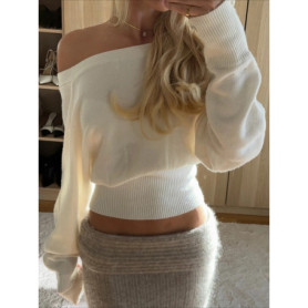 Solid Off-Shoulder Sweater Loose Slash Neck Long Sleeve Knitted Pullovers Women Autumn Winter Fashion Casual Lady