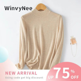 WinvyNee Women Worsted Wool Mock Neck Plain Long Sleeve Pullover Spring Autumn Smooth Soft Daily Versatile Casual Wear A1757014A