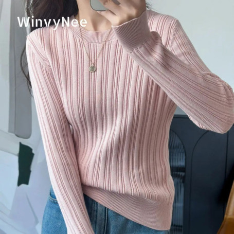 WinvyNee Women's Cotton Long-Sleeve O Neck Slim Pullover Solid Casual Warm Basic Knitted Tops Autumn Winter Clothing A1002034