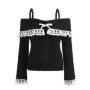 Y2k Cable Knitted Ribbon Tie-up Sweater Kawaii Lace Trim Off Shoulder Pullovers Preppy Aesthetic Vintage Jumpers Cute Outfits