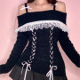 Y2k Cable Knitted Ribbon Tie-up Sweater Kawaii Lace Trim Off Shoulder Pullovers Preppy Aesthetic Vintage Jumpers Cute Outfits