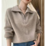 Large lapel thick cashmere sweater women's 100 pure wool zipper sweater pullover lazy loose knit base top