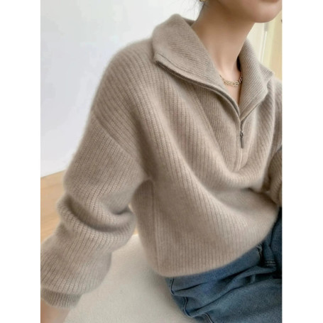 Large lapel thick cashmere sweater women's 100 pure wool zipper sweater pullover lazy loose knit base top