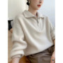 Large lapel thick cashmere sweater women's 100 pure wool zipper sweater pullover lazy loose knit base top