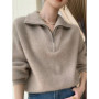 Large lapel thick cashmere sweater women's 100 pure wool zipper sweater pullover lazy loose knit base top