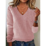Women's V-neck Sweater Elegant Long Sleeve Ribbed Trim Pullover Solid Knit Wool Base Top for Wear