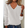 Women's V-neck Sweater Elegant Long Sleeve Ribbed Trim Pullover Solid Knit Wool Base Top for Wear