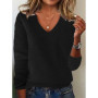 Women's V-neck Sweater Elegant Long Sleeve Ribbed Trim Pullover Solid Knit Wool Base Top for Wear