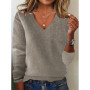 Women's V-neck Sweater Elegant Long Sleeve Ribbed Trim Pullover Solid Knit Wool Base Top for Wear