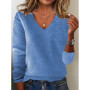 Women's V-neck Sweater Elegant Long Sleeve Ribbed Trim Pullover Solid Knit Wool Base Top for Wear