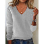Women's V-neck Sweater Elegant Long Sleeve Ribbed Trim Pullover Solid Knit Wool Base Top for Wear